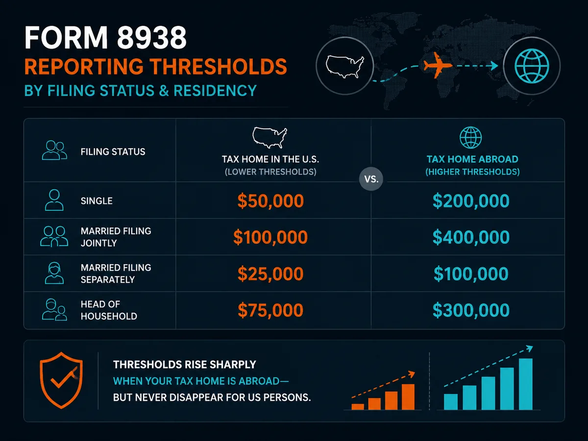 Form 8938 reporting thresholds by filing status and residency