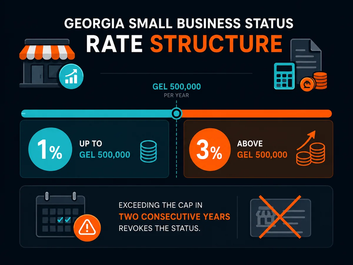 Georgia Small Business Status rate structure showing 1% up to GEL 500,000 and 3% above