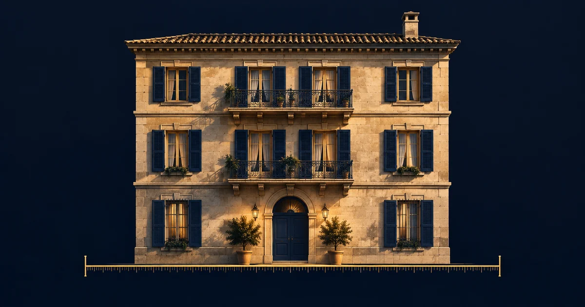 A classical Mediterranean stone apartment building with blue shutters photographed straight on against deep navy, with a slim gold measuring rule running the full width of its base