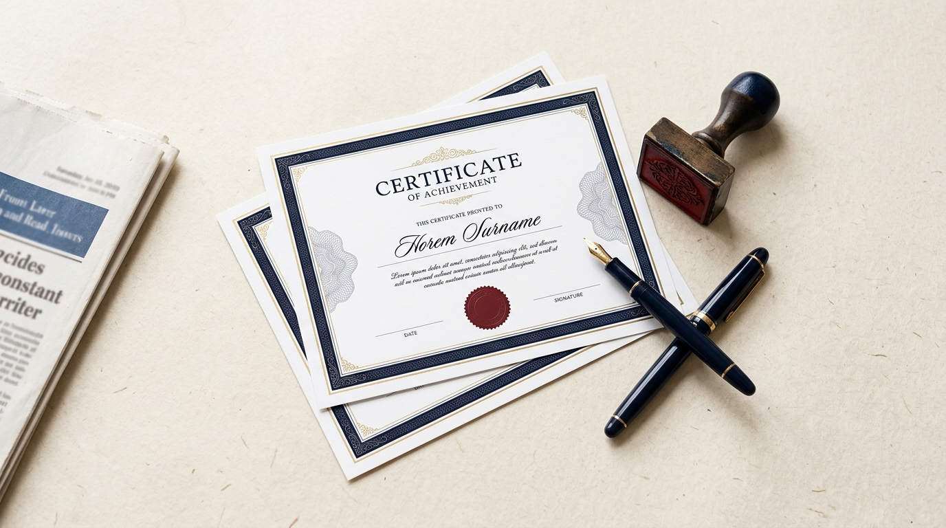 Overhead flat-lay of a certificate of incorporation, a business registration certificate and a fountain pen on a desk — Hong Kong company registration