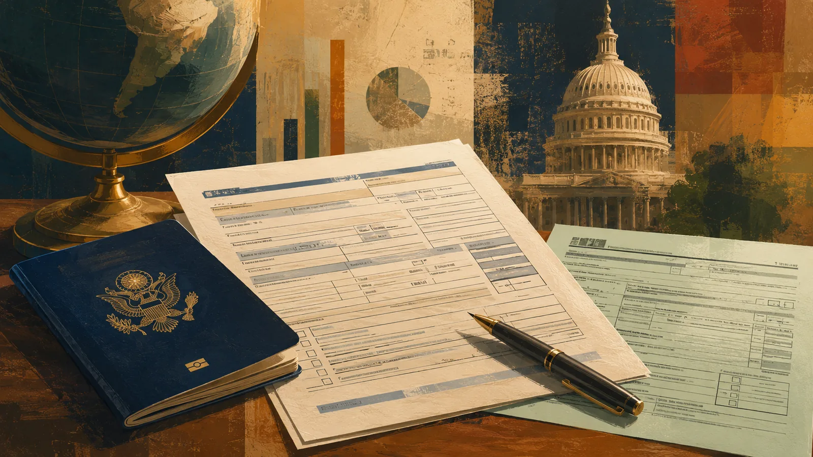 IRS Form W-7 beside a passport and a US non-resident tax return, illustrating how to get an ITIN