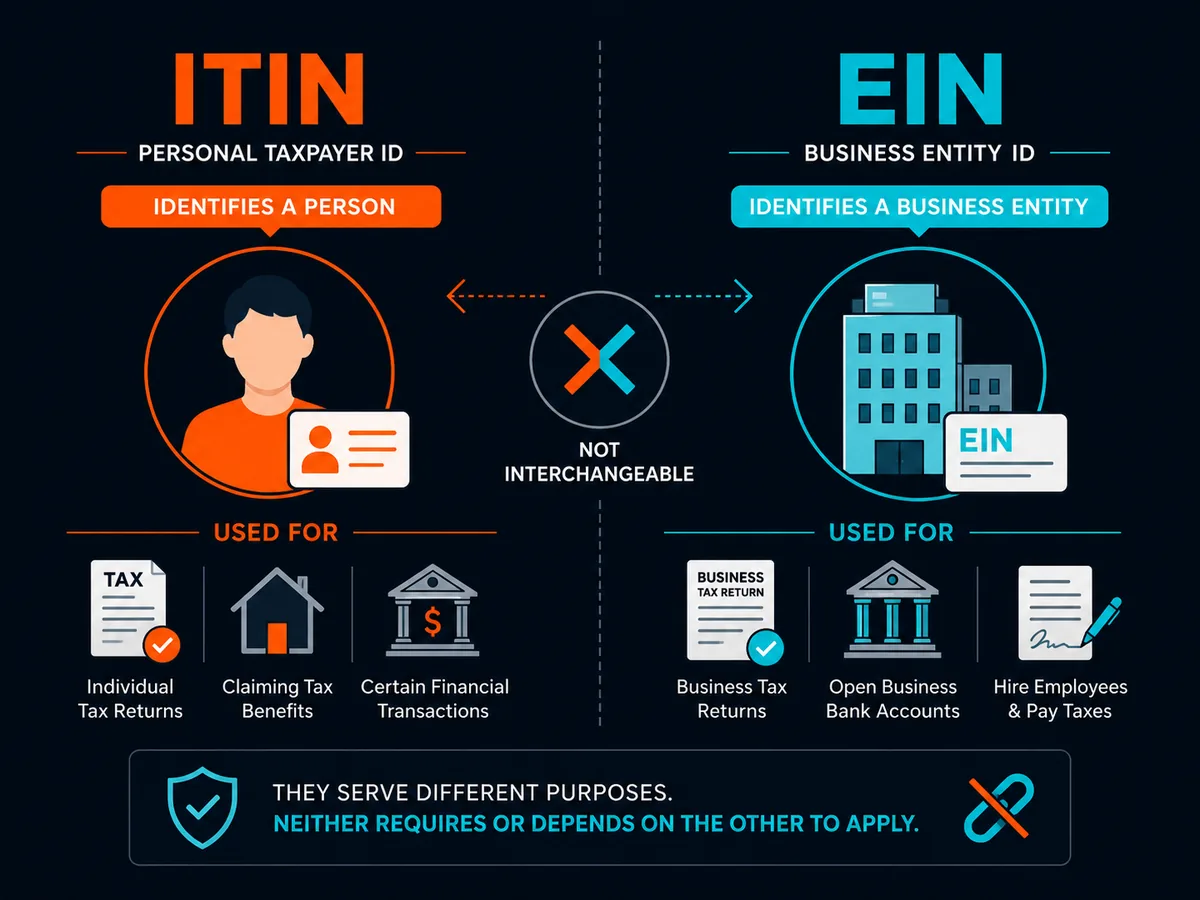 Diagram showing ITIN as a personal taxpayer ID versus EIN as a business entity ID, with what each is used for