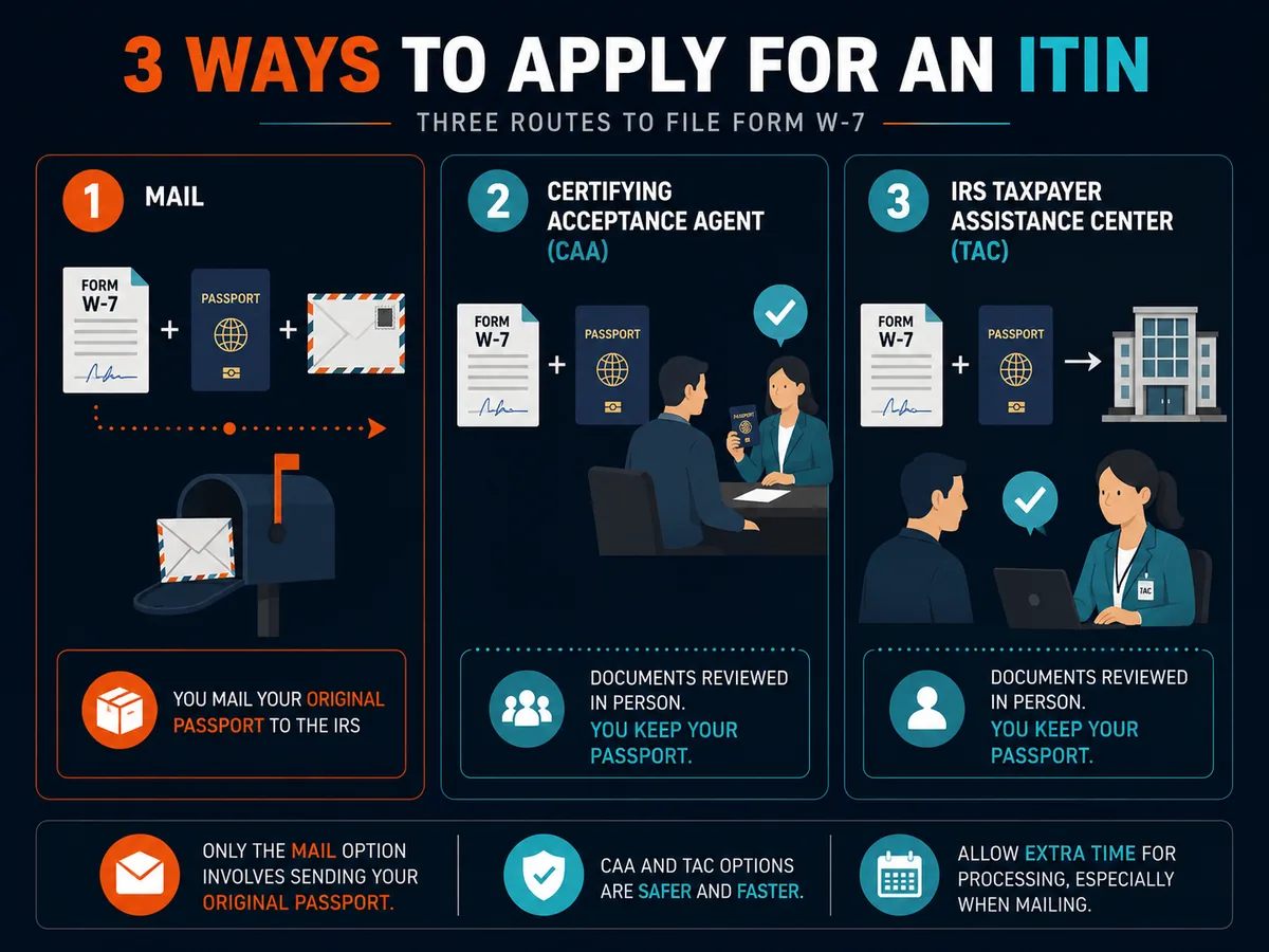 The three ways to apply for an ITIN — mail, Certifying Acceptance Agent, and IRS Taxpayer Assistance Center — with document handling for each