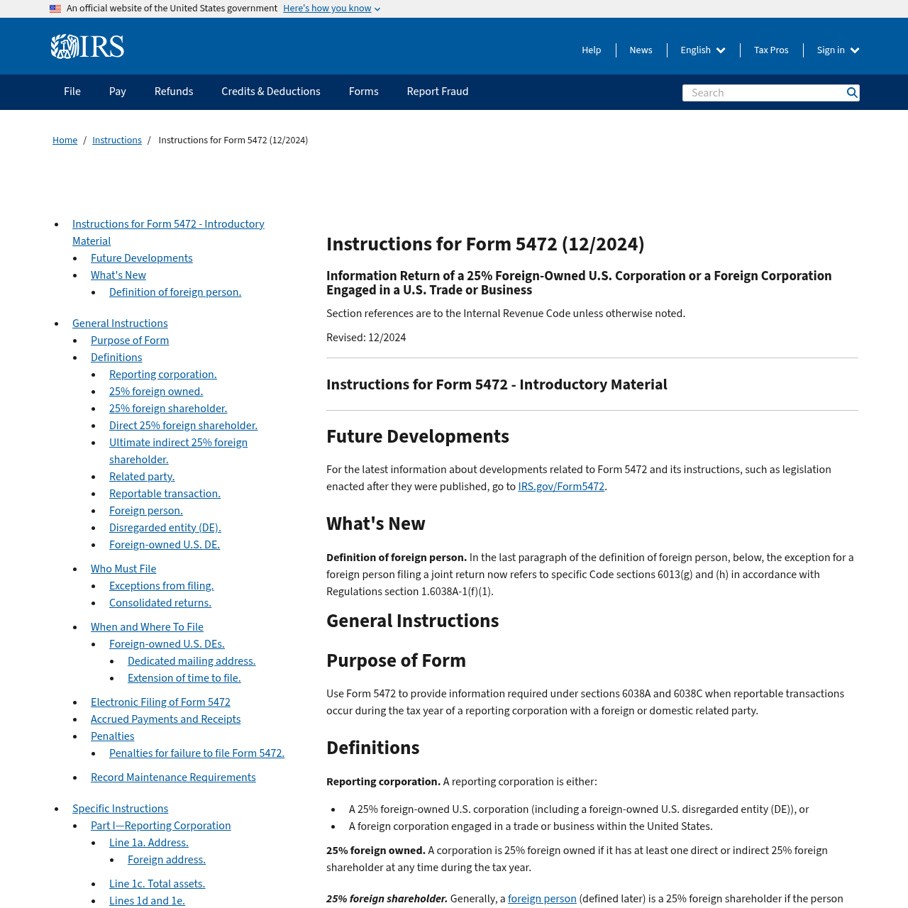 IRS official instructions page for Form 5472 (revised December 2024)