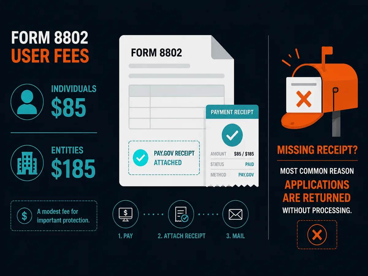 Form 8802 user fees USD 85 for individuals and USD 185 for entities