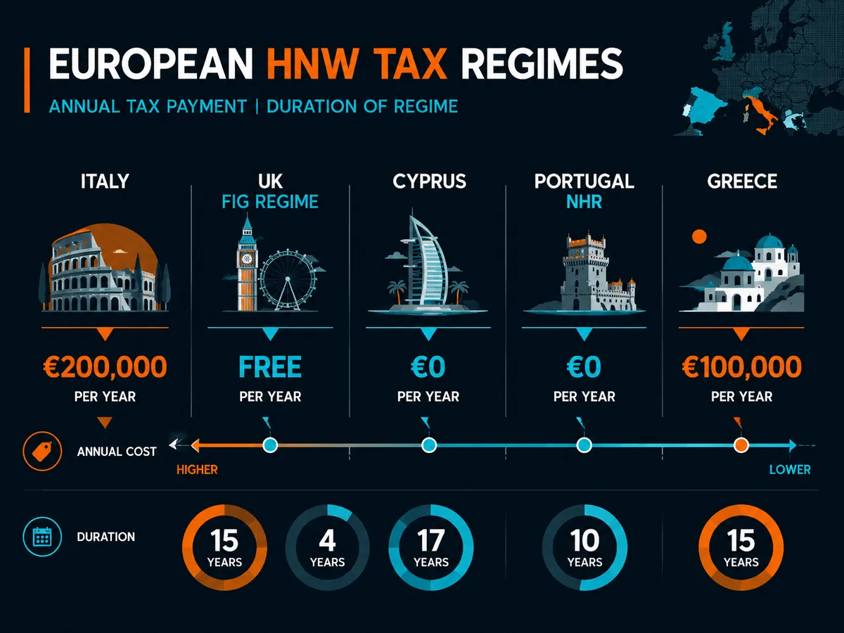 Comparison chart of European HNW tax regimes — Italy, UK, Cyprus, Portugal, Greece