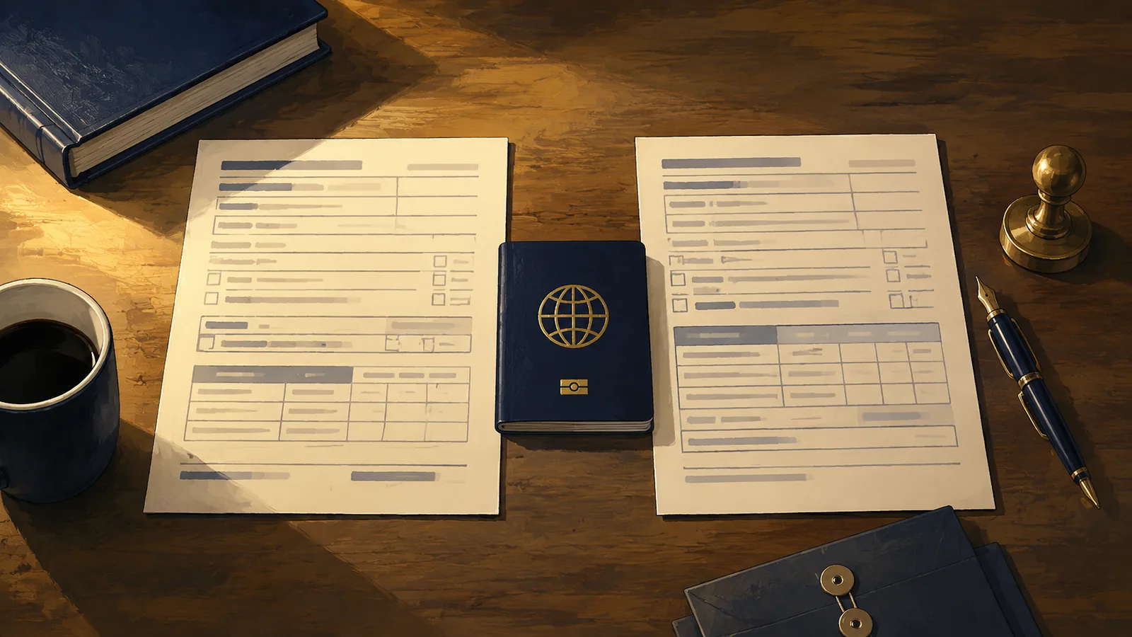 An IRS Form W-7 and a Form SS-4 side by side on a desk with a foreign passport, illustrating the choice between an ITIN for an individual and an EIN for a company