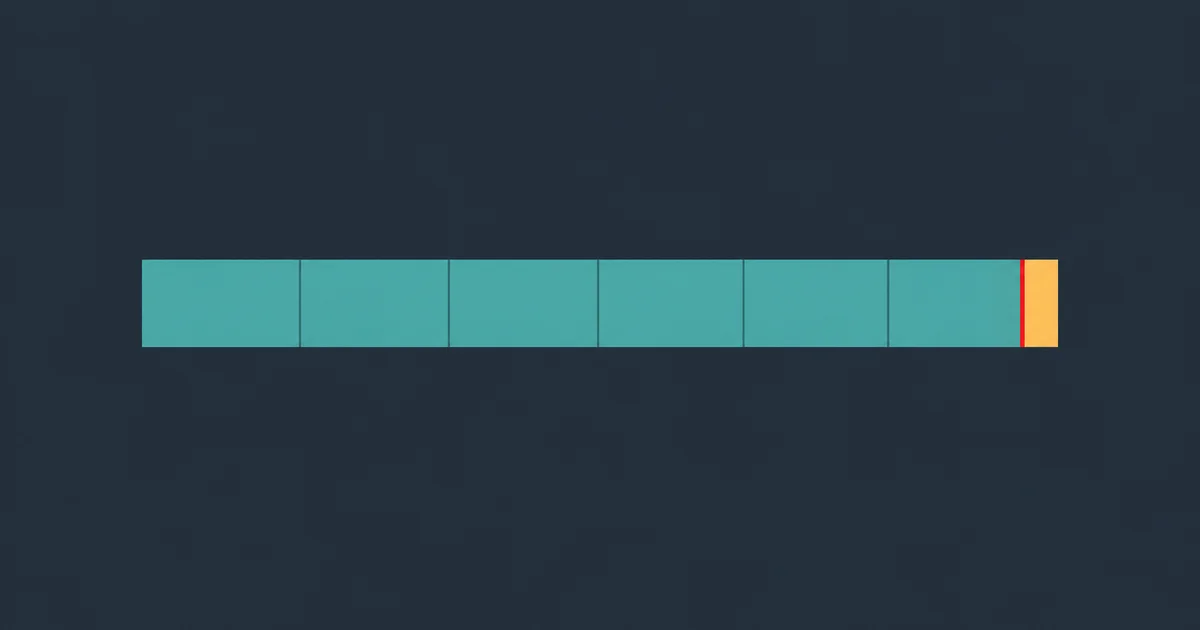 Flat vector illustration on a dark slate field: a horizontal ribbon of six equal month blocks in teal, with a thin red vertical line near the end of the sixth block and a narrow amber sliver beyond it