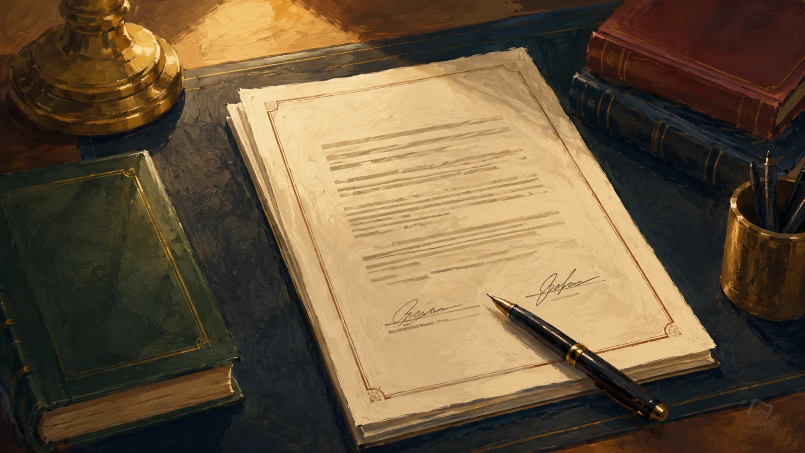A signed LLC operating agreement document on a desk with a pen