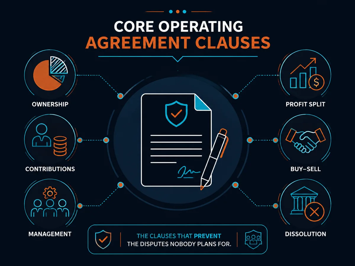 Core operating agreement clauses: ownership, contributions, management, profit split, buy-sell, dissolution