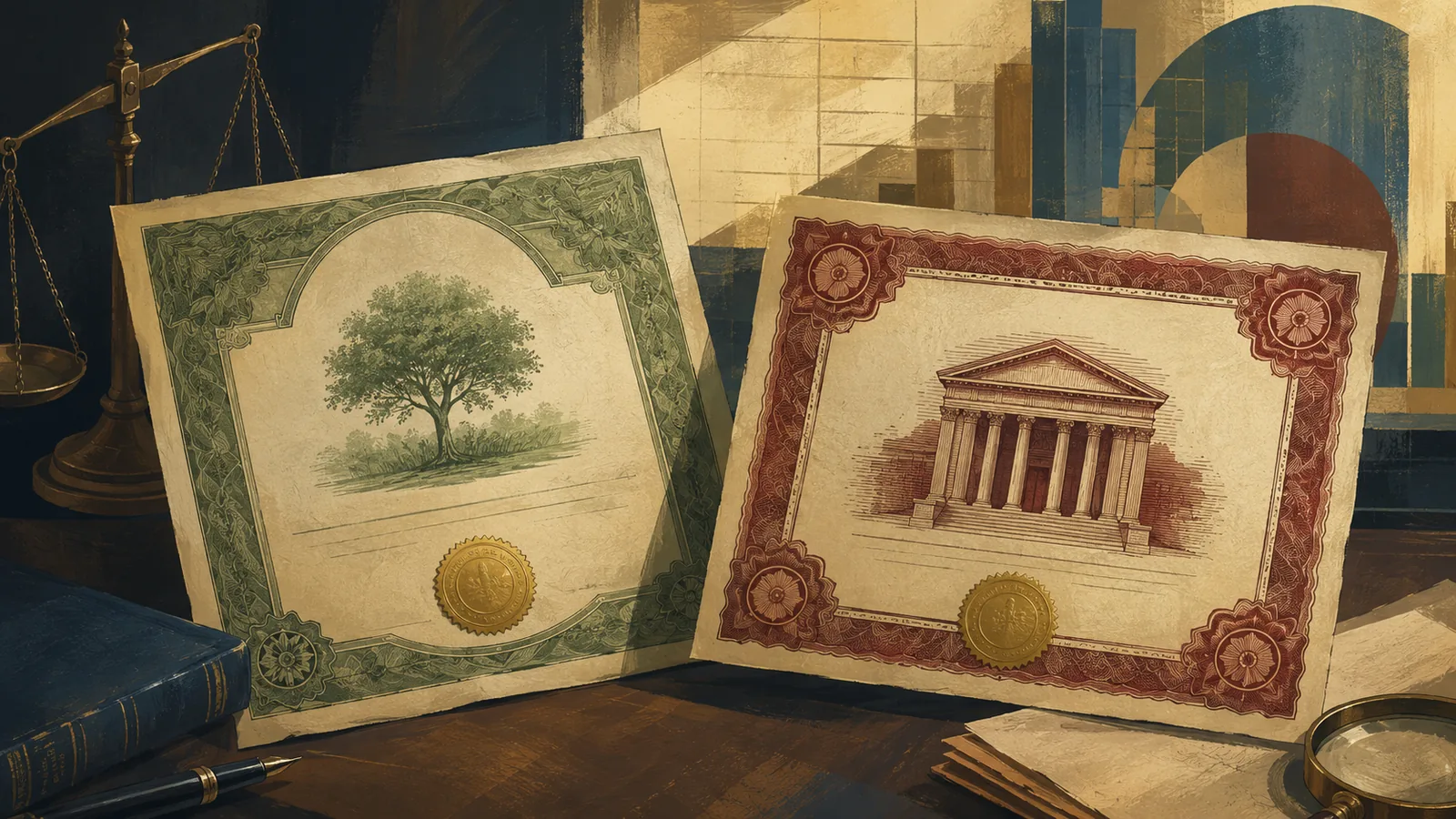 An LLC certificate beside a corporate stock certificate, illustrating LLC versus Inc