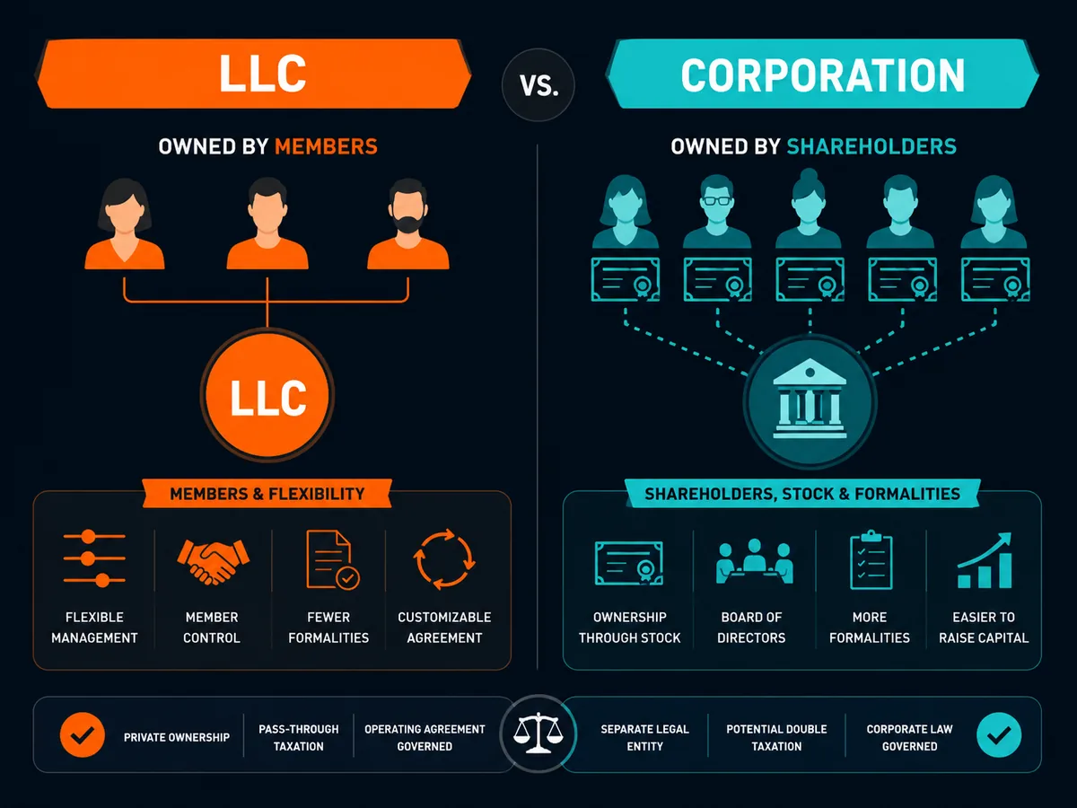 LLC owned by members versus corporation owned by shareholders through stock