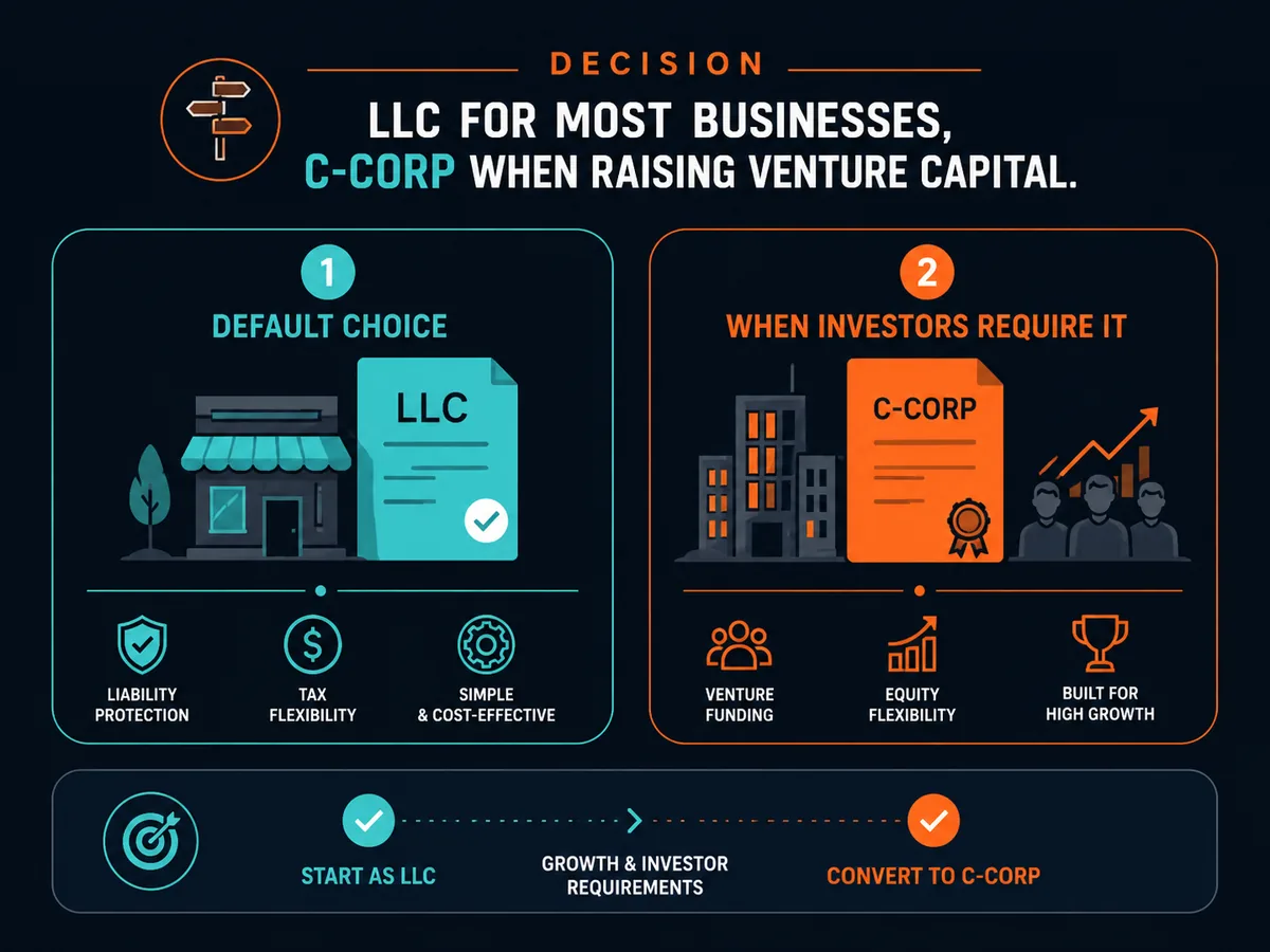 Decision: LLC for most businesses, C-corp when raising venture capital