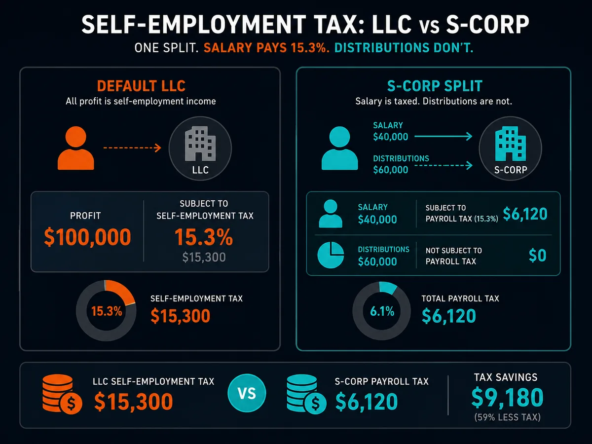 Infographic comparing self-employment tax on a default LLC versus an S-corp split of salary and distributions