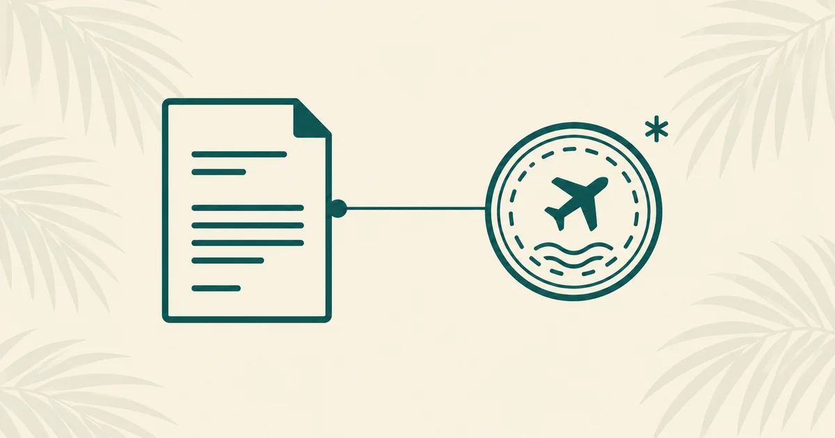 Line illustration of a document joined to a passport stamp, with a small asterisk beside the stamp, over a faint palm-frond background