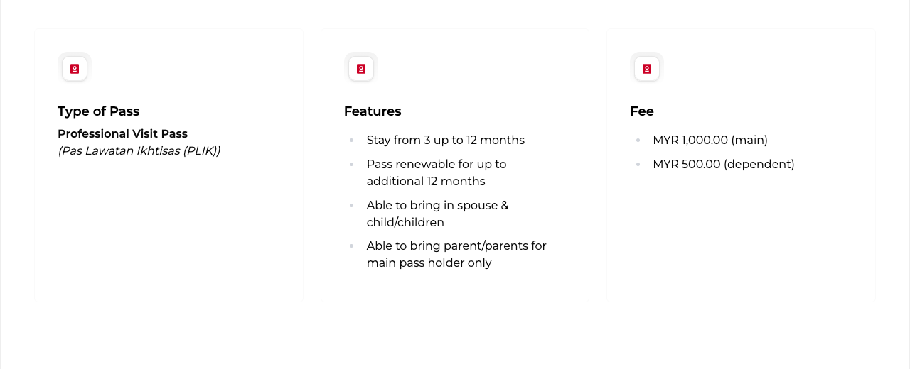 Screenshot of three cards on MDEC's own Digital Nomad Pass page, reading Type of Pass Professional Visit Pass (Pas Lawatan Ikhtisas), Features stay from 3 up to 12 months and renewable for up to an additional 12 months, and Fee MYR 1,000.00 for the main applicant and MYR 500.00 for a dependent