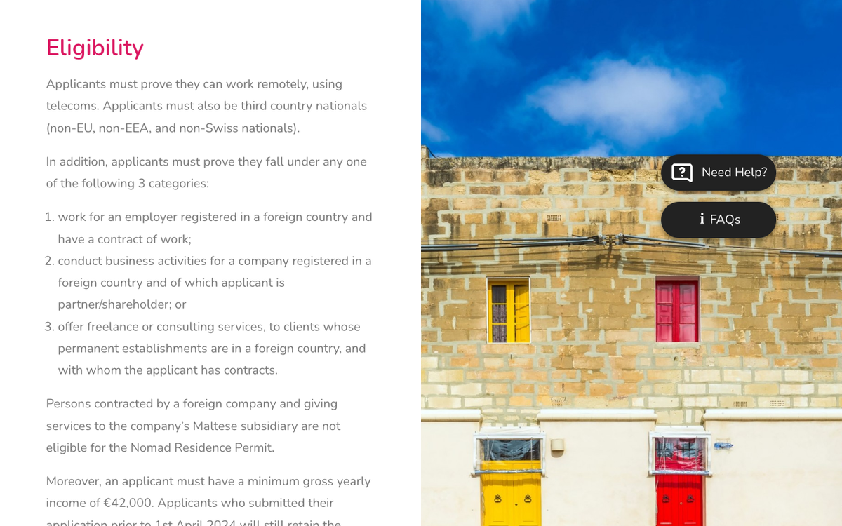 Screenshot of the Residency Malta Agency eligibility page for the Nomad Residence Permit, stating that applicants must prove they can work remotely using telecoms, must be third country nationals, must fall under one of three categories of employed, self-employed or freelance, and must have a minimum gross yearly income of EUR 42,000, with applicants who submitted before 1st April 2024 retaining the EUR 32,400 requirement