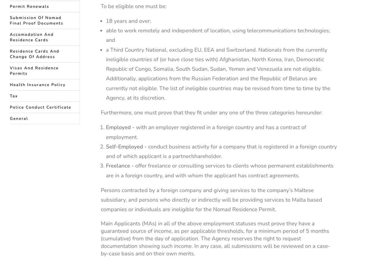 Screenshot of the Residency Malta Agency Nomad Residence Permit FAQ answering who is eligible to apply, listing being 18 years and over, able to work remotely and independent of location using telecommunications technologies, and a Third Country National excluding EU, EEA and Switzerland, then the three categories of employed, self-employed and freelance, and a requirement to prove a guaranteed source of income for a minimum period of 5 months cumulative from the day of application