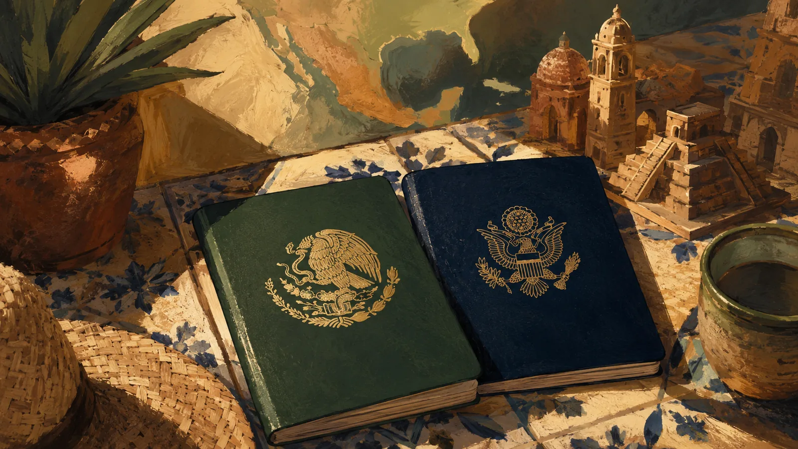 A Mexican passport beside a US passport on a tiled colonial table