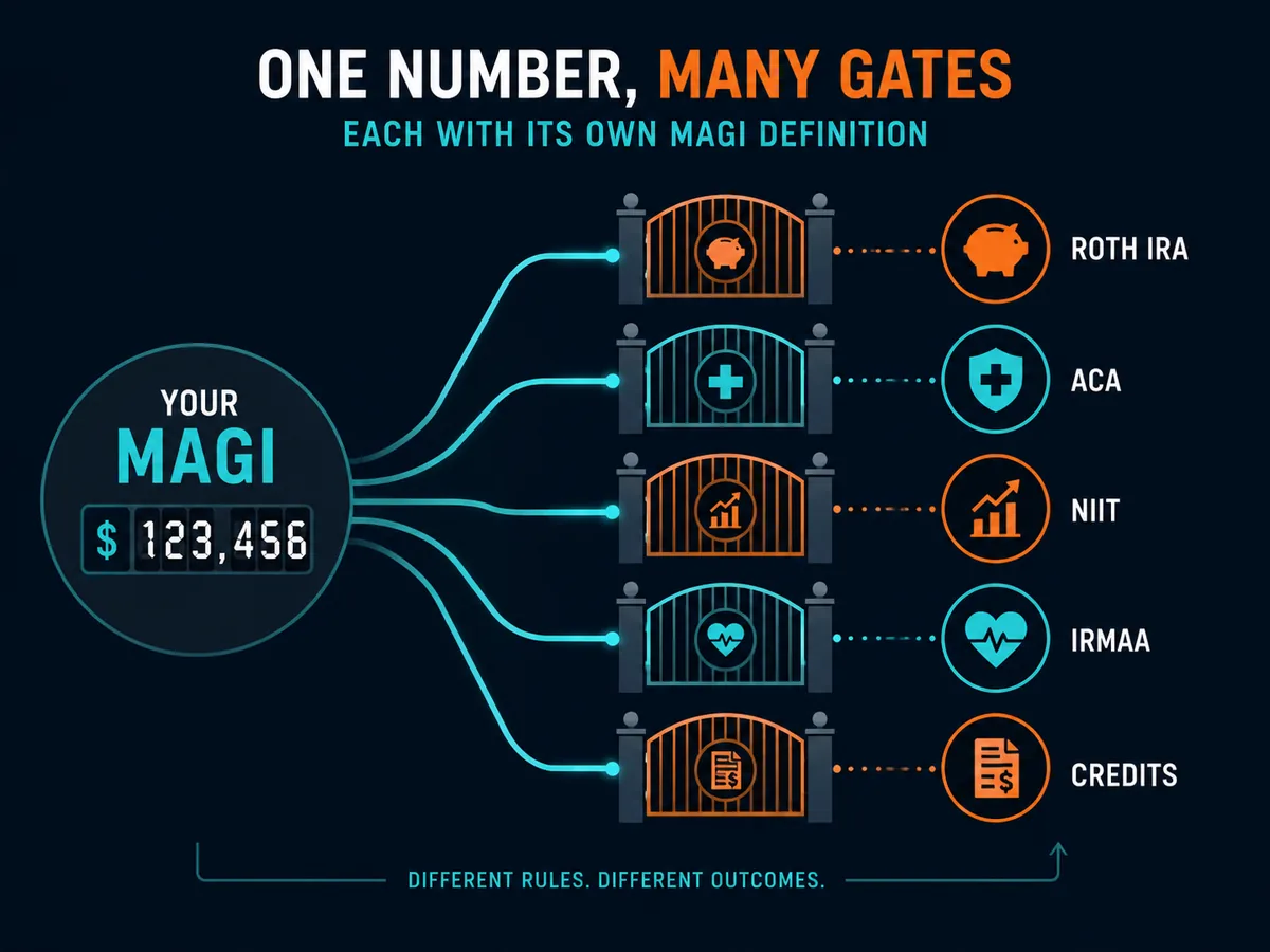 List of benefits and taxes governed by MAGI: Roth IRA, ACA, NIIT, IRMAA, credits