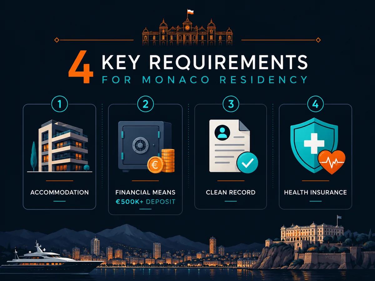 Four requirements for Monaco residency: accommodation, financial means, clean record, health insurance