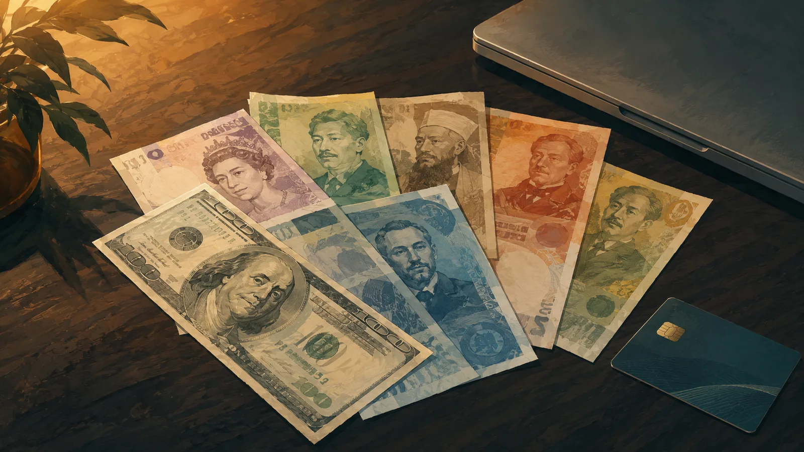 Banknotes of several currencies fanned across a desk beside a laptop and a card, illustrating a single account holding balances in multiple currencies