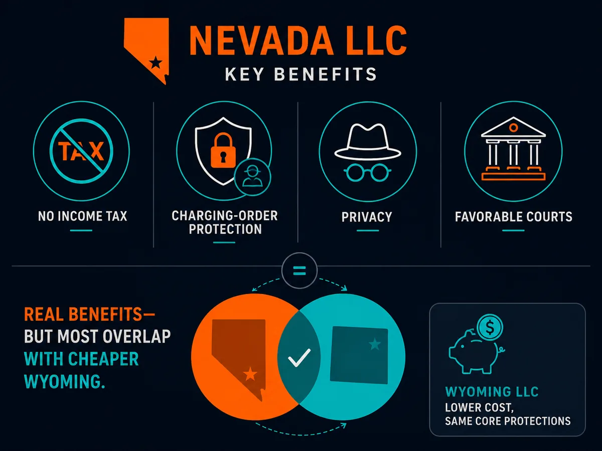Nevada LLC benefits: no income tax, charging-order protection, privacy, courts