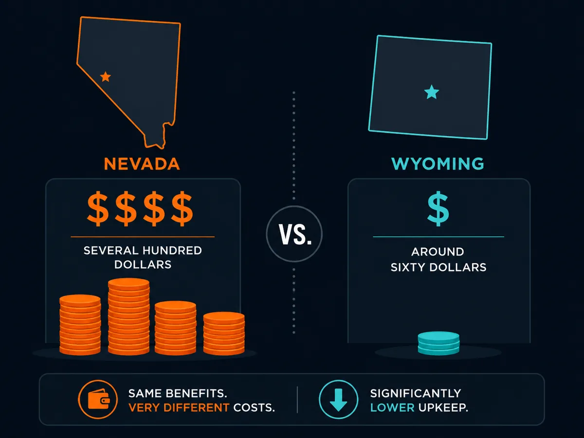 Nevada annual fees are several hundred dollars versus Wyoming around sixty