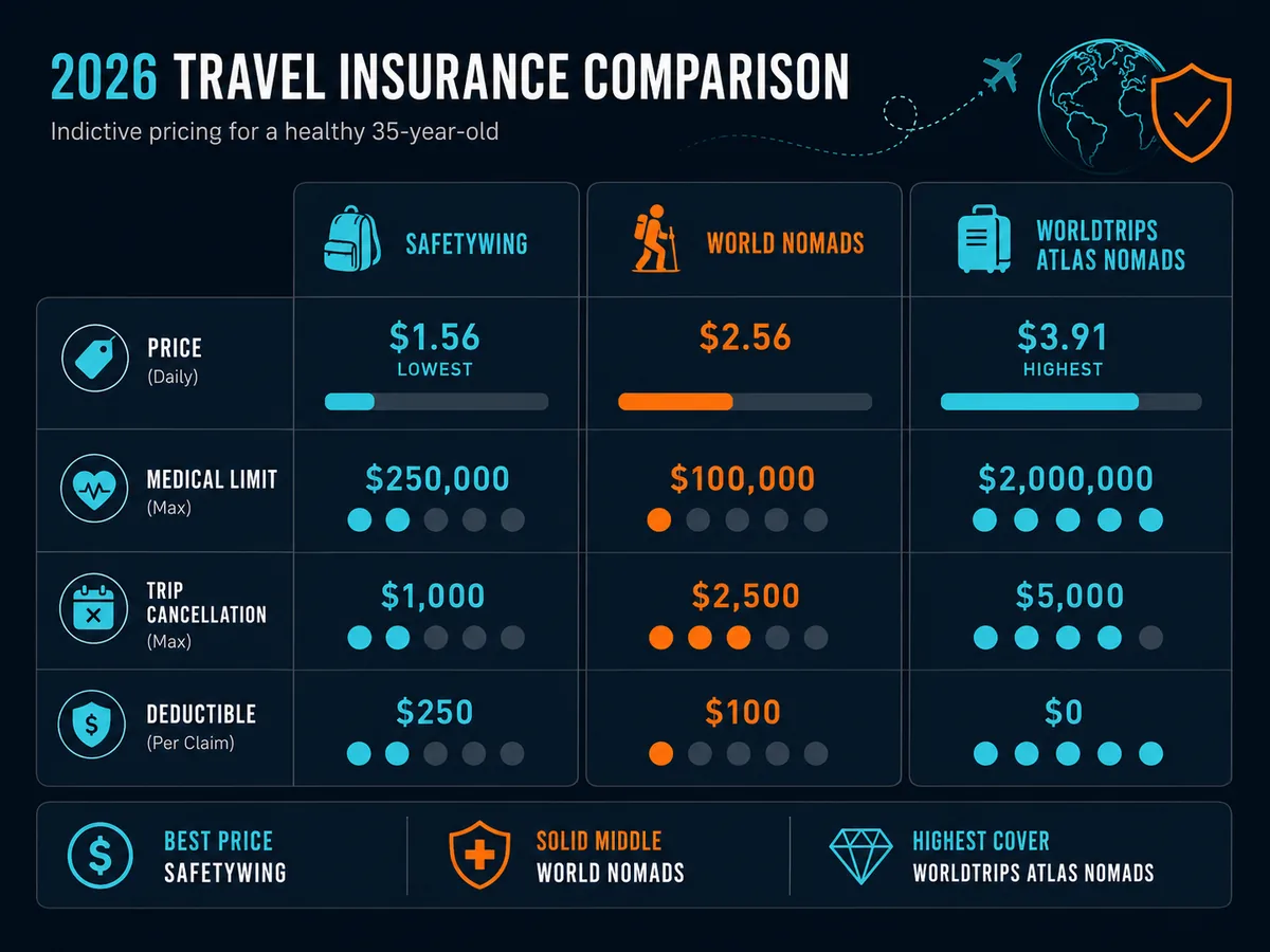Comparison of SafetyWing, World Nomads and WorldTrips Atlas Nomads on price, medical limits, trip cancellation and deductible for a healthy 35-year-old in 2026