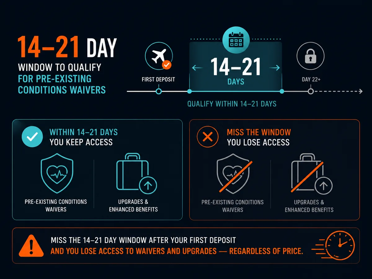 Statistic showing the 14 to 21 day window to qualify for pre-existing conditions waivers on nomad travel insurance