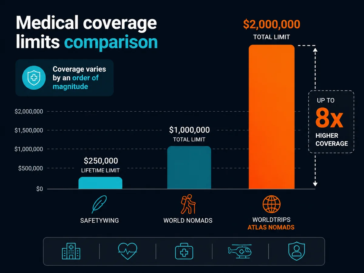 Bar chart comparing medical limits across SafetyWing, World Nomads and WorldTrips Atlas Nomads