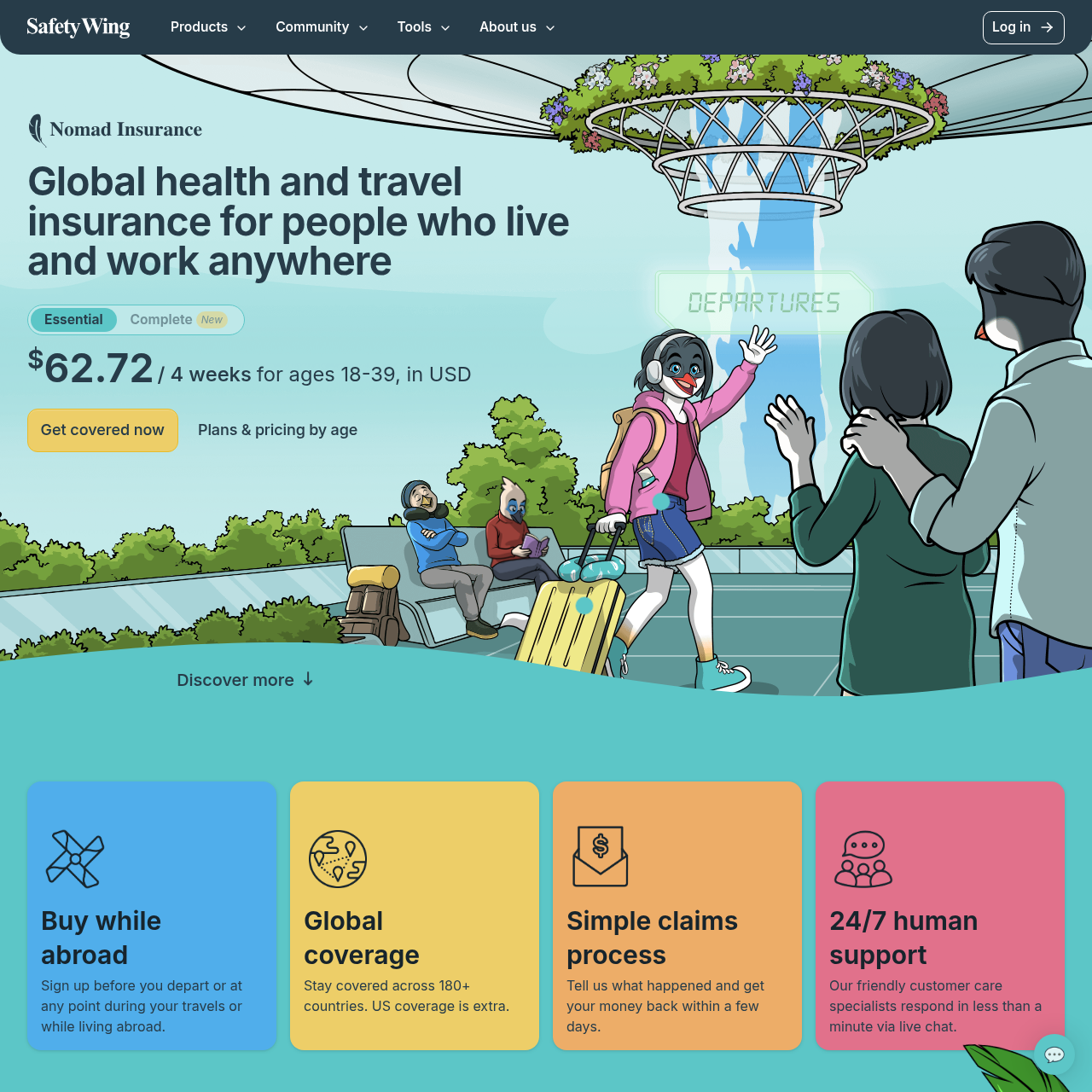 SafetyWing Nomad Insurance plan page showing 4-week subscription pricing