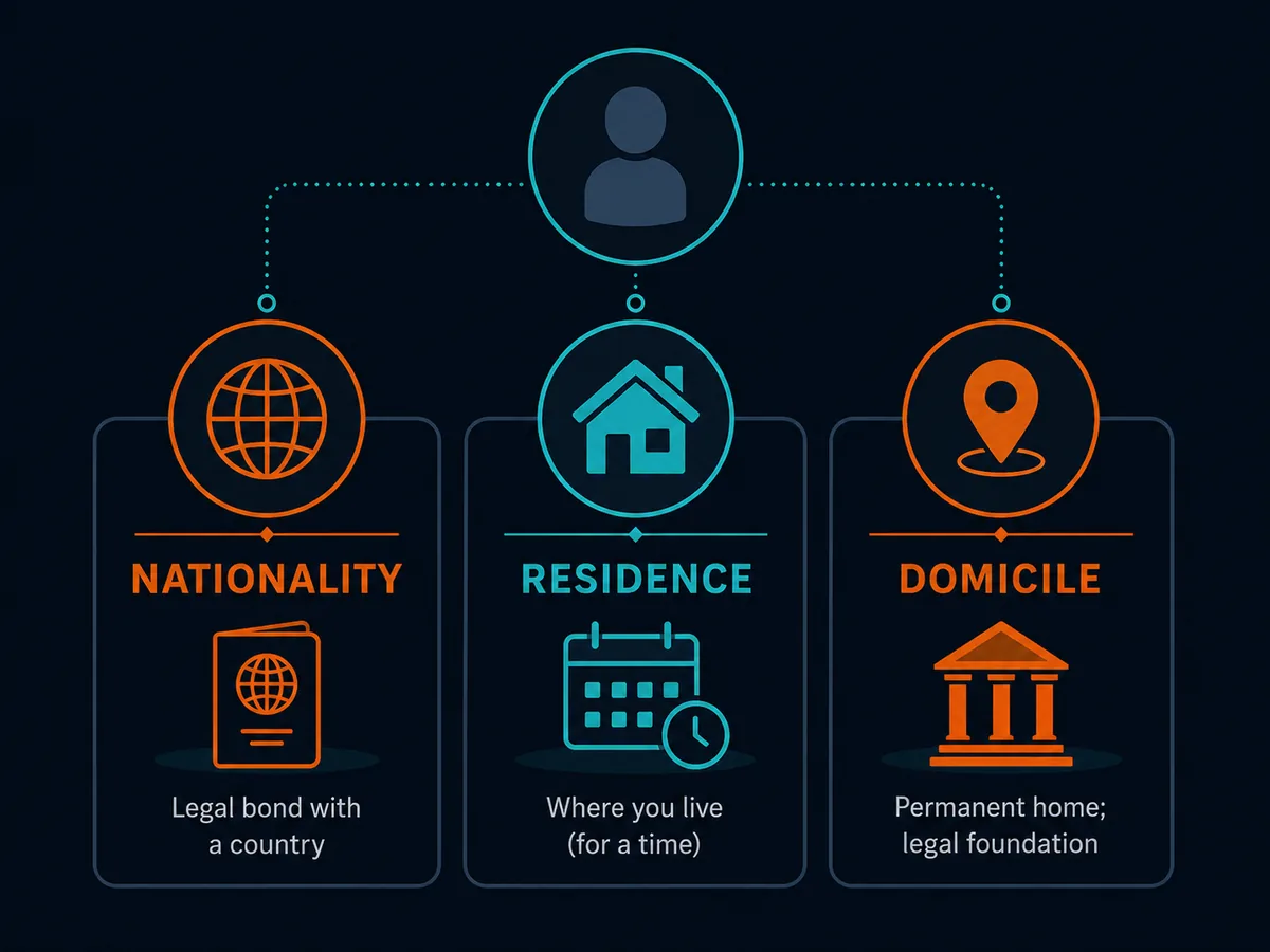 Diagram showing the three legal categories: nationality, residence and domicile