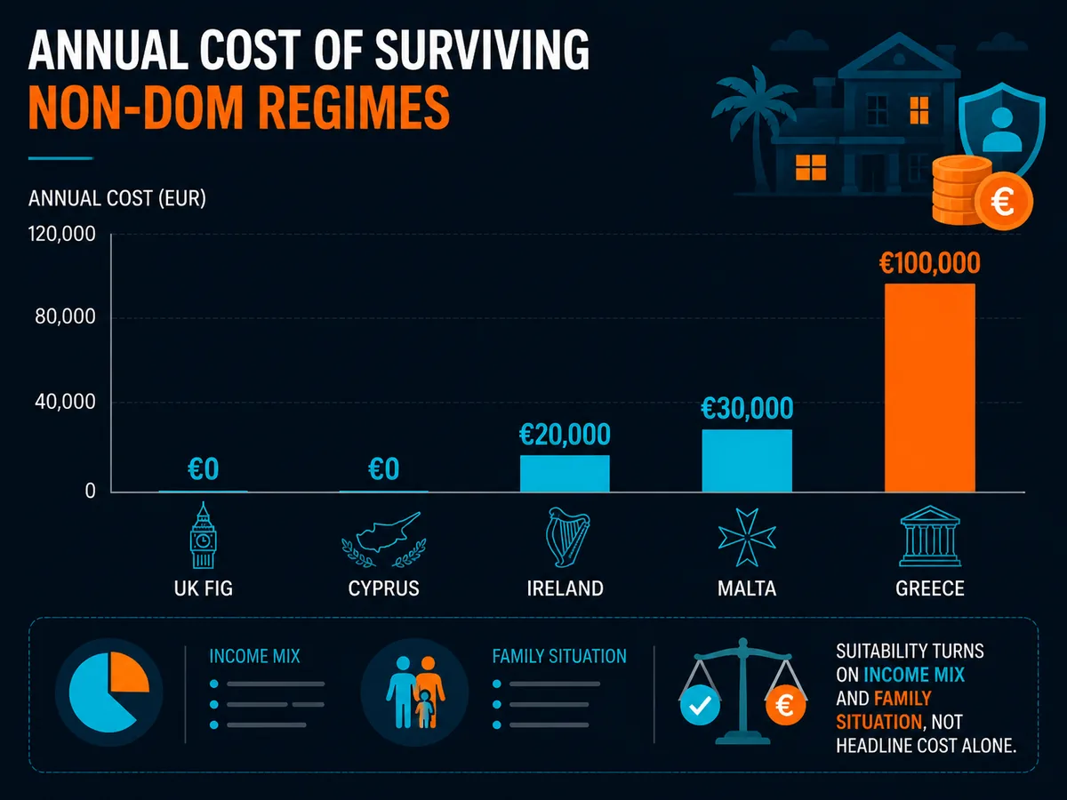 Bar chart comparing annual cost of the surviving non-dom regimes across UK FIG, Cyprus, Ireland, Malta and Greece