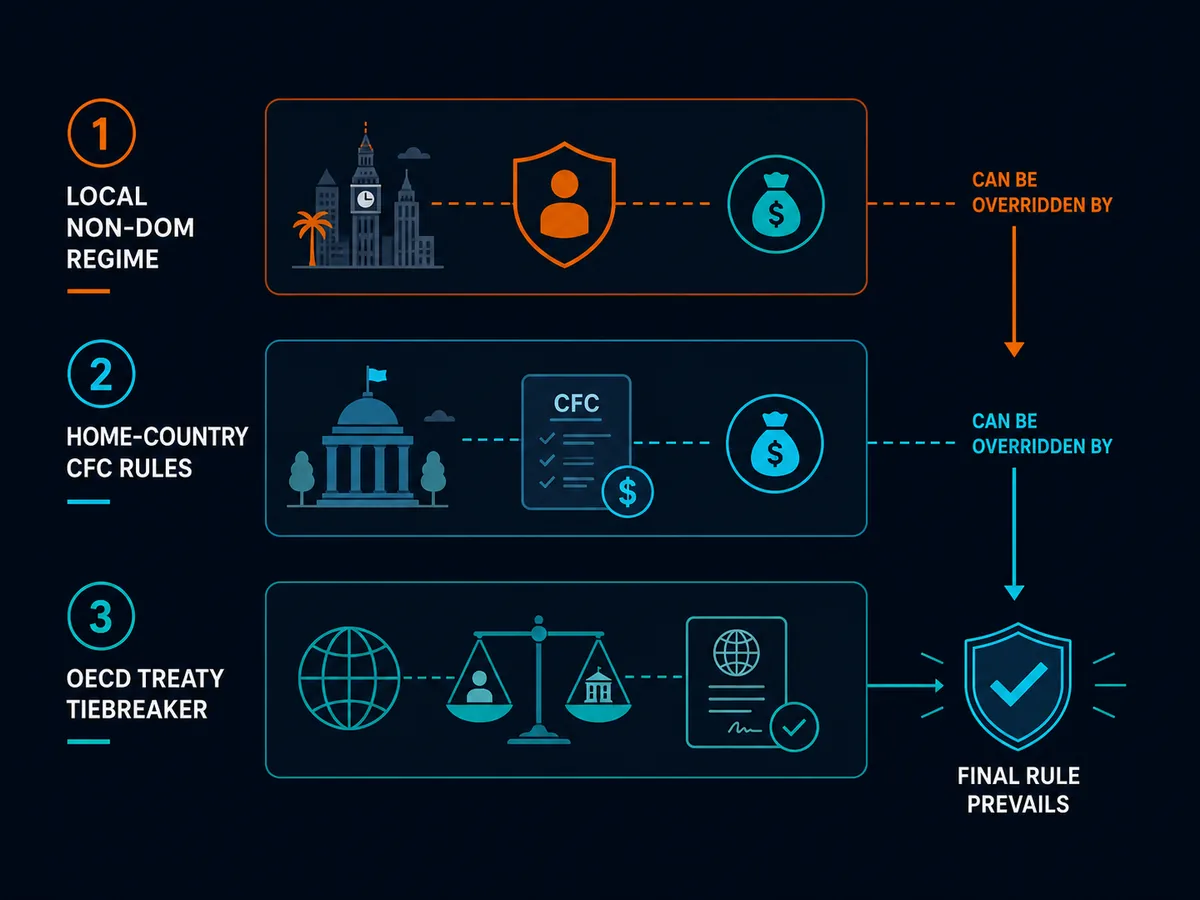 Diagram of the three layers of rules — local non-dom regime, home-country CFC rules, and OECD treaty tiebreaker