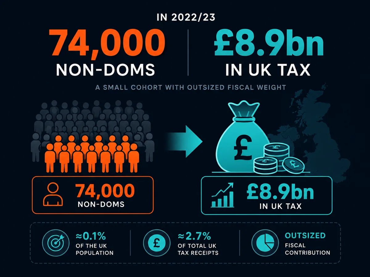 Statistic showing 74,000 non-doms contributed £8.9bn to UK tax in 2022/23