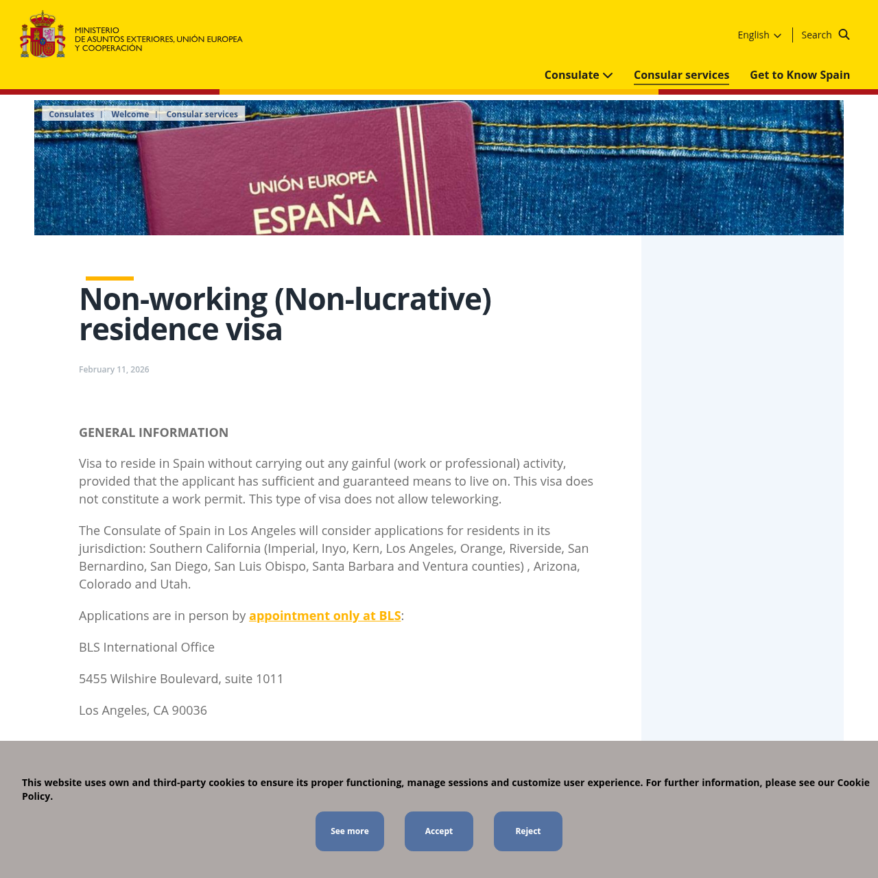 Spanish Consulate General in Los Angeles non-lucrative visa information page