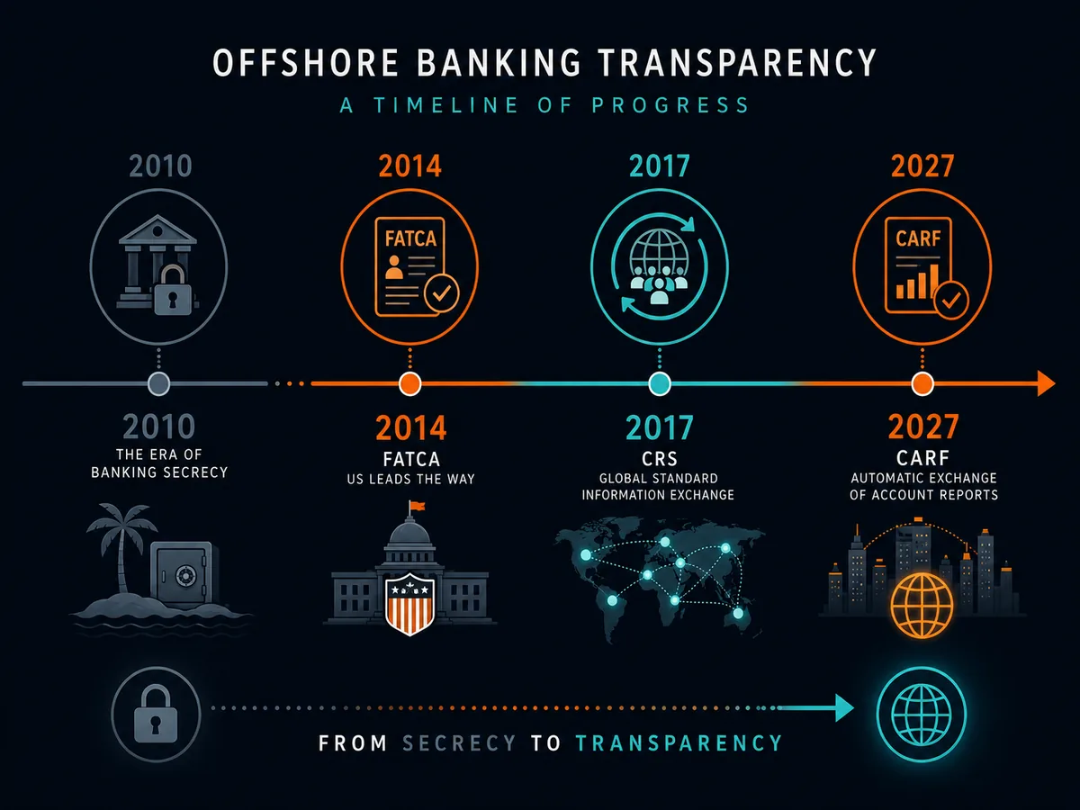 Timeline of offshore banking transparency from 2010 FATCA to 2027 CARF