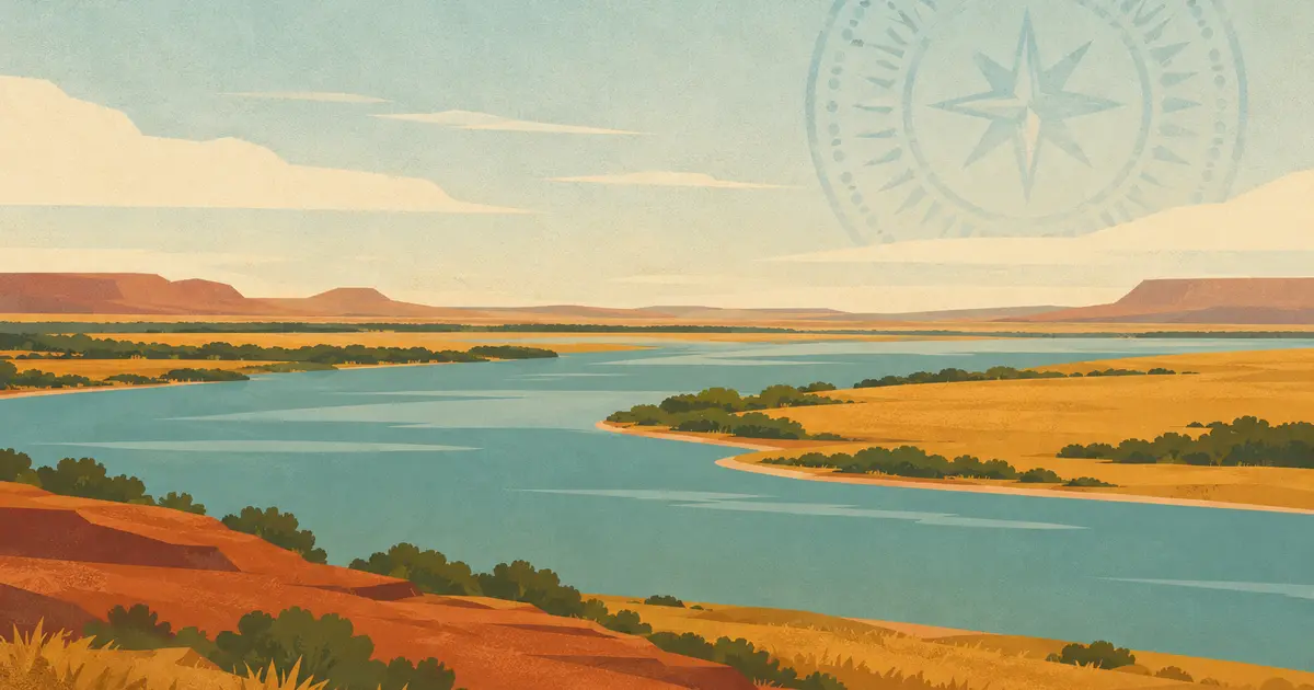 A wide South American river valley in flat layered bands of terracotta, ochre grassland and muted teal water, with a faint compass rosette watermarked into the pale sky