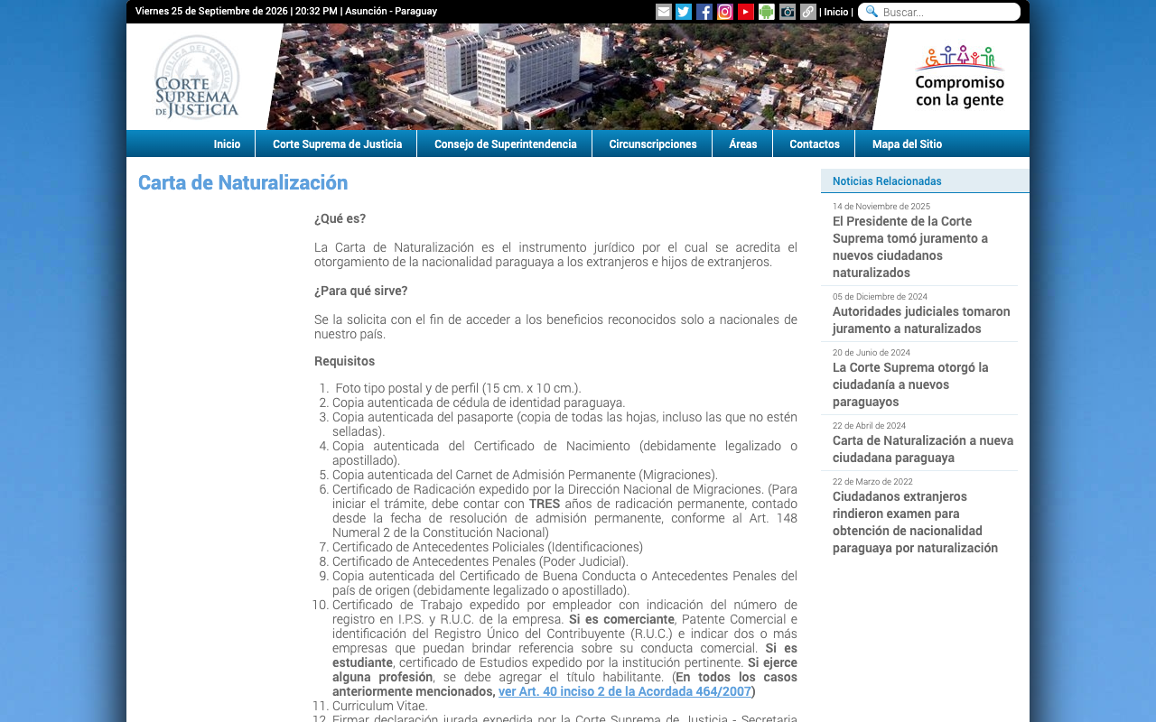 Screenshot of the Paraguayan Supreme Court Carta de Naturalizacion page listing the requirements, including a Certificado de Radicacion requiring three years of permanent residence counted from the date of the permanent admission resolution under Article 148