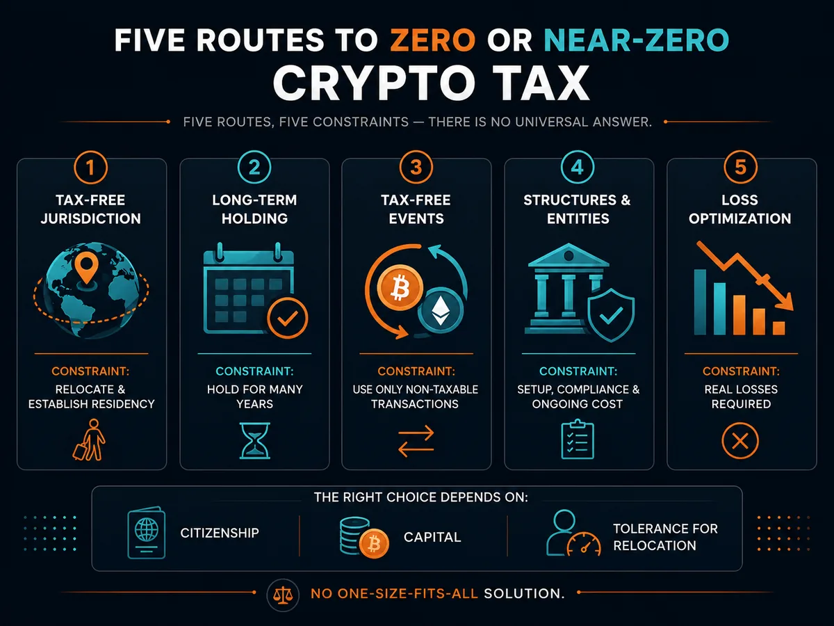 Five legitimate routes to zero or near-zero crypto tax with their key constraint
