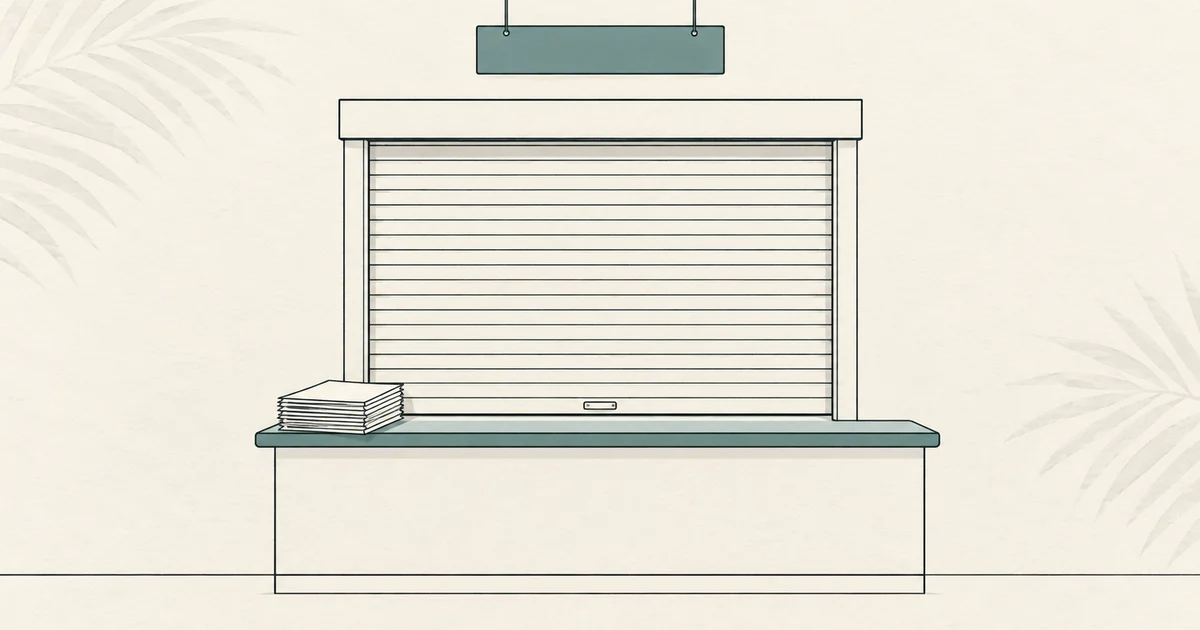 Line illustration of a government service window with its shutter pulled fully down, a blank sign plate hanging above it and a stack of blank application forms waiting on the counter
