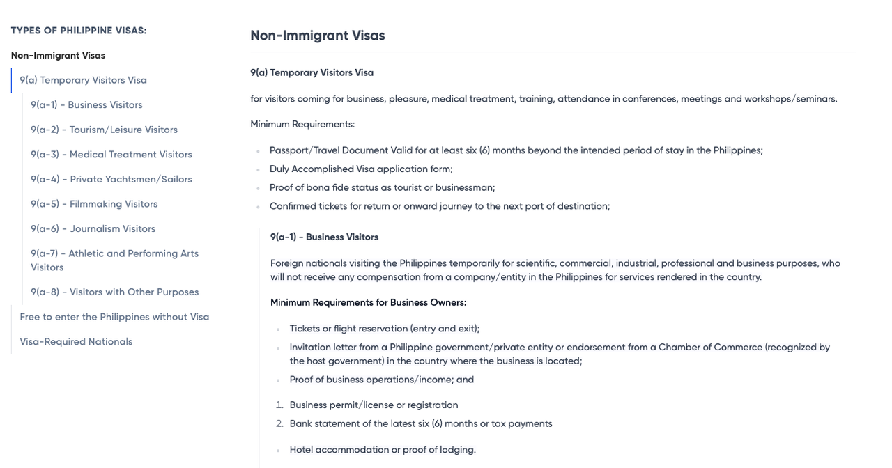 Screenshot of the Department of Foreign Affairs eVisa PH Visa Policy page, whose Types of Philippine Visas sidebar lists Non-Immigrant Visas, 9(a) Temporary Visitors Visa and sub-categories 9(a-1) Business Visitors, 9(a-2) Tourism and Leisure Visitors, 9(a-3) Medical Treatment Visitors, 9(a-4) Private Yachtsmen and Sailors, 9(a-5) Filmmaking Visitors, 9(a-6) Journalism Visitors, 9(a-7) Athletic and Performing Arts Visitors and 9(a-8) Visitors with Other Purposes, then Free to enter the Philippines without Visa and Visa-Required Nationals, with no digital nomad category anywhere in the list