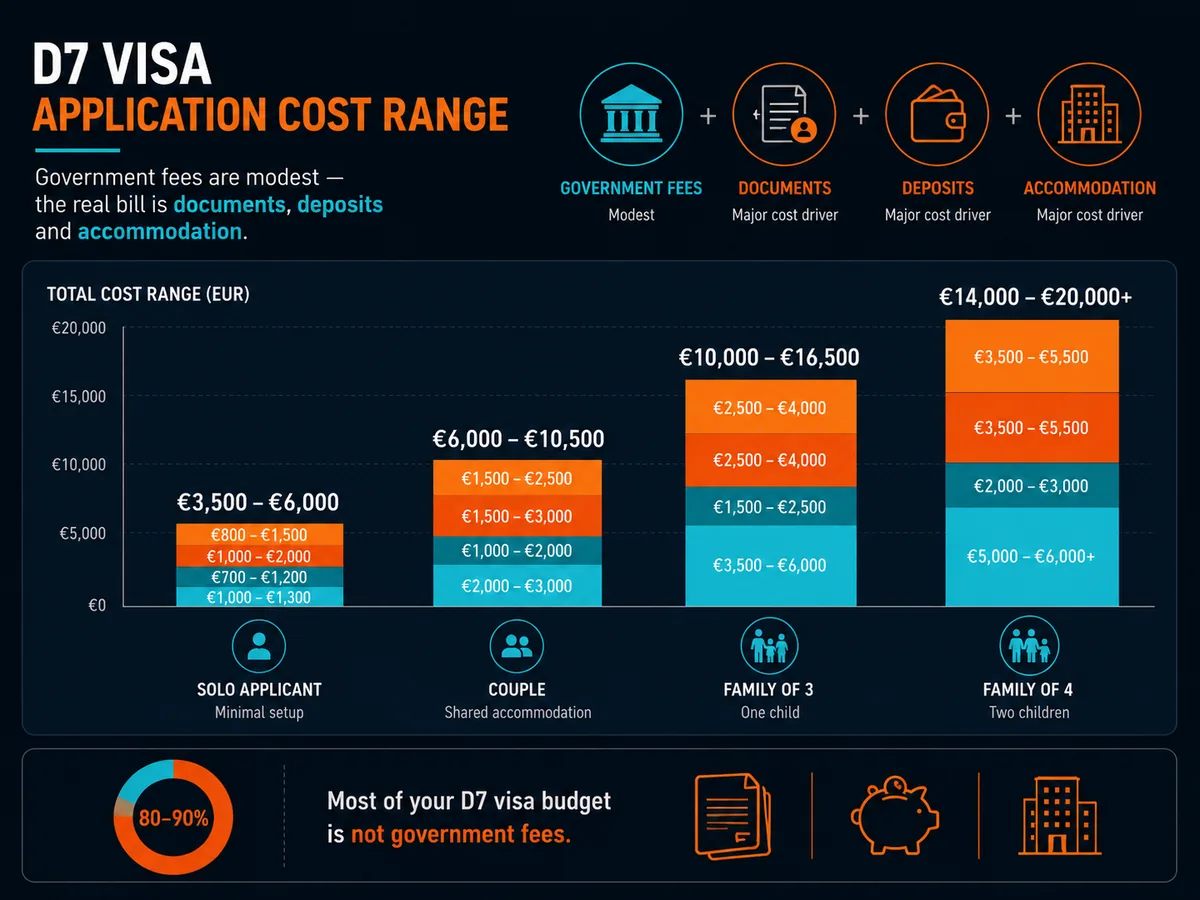 Bar chart comparing D7 visa application cost ranges by scenario