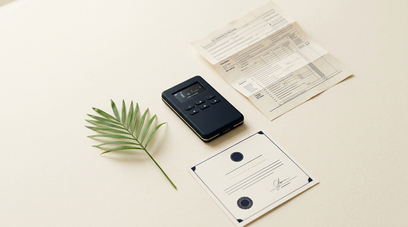 A hardware crypto wallet, a US tax form, a palm frond and a residency document on an off-white desk