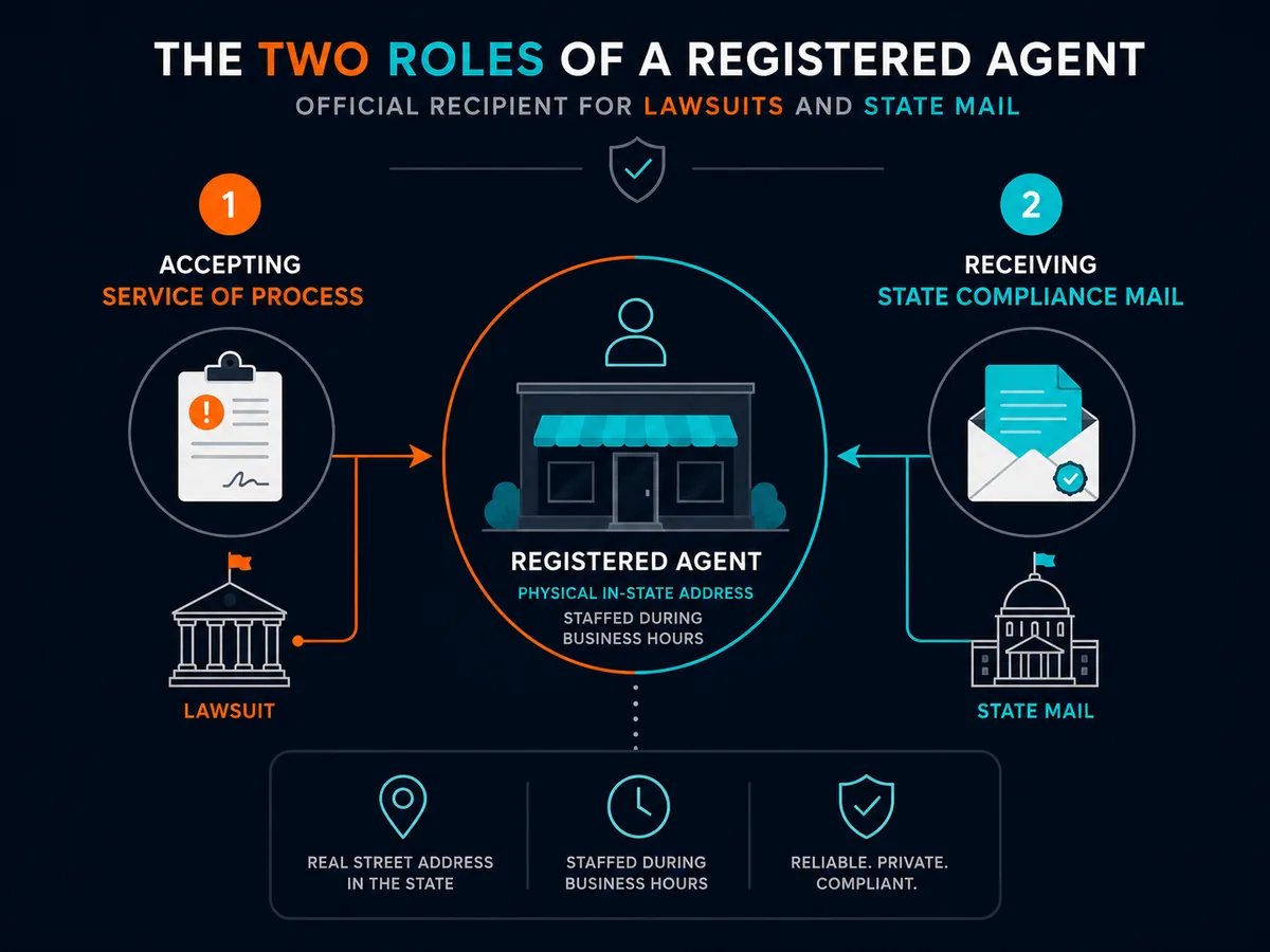 Diagram showing the two roles of a registered agent: accepting service of process and receiving state compliance mail at a physical in-state address