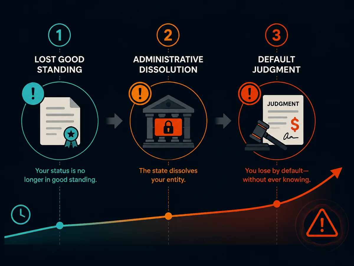 Escalation chart showing consequences of a lapsed registered agent: loss of good standing, administrative dissolution, and default judgment via substituted service