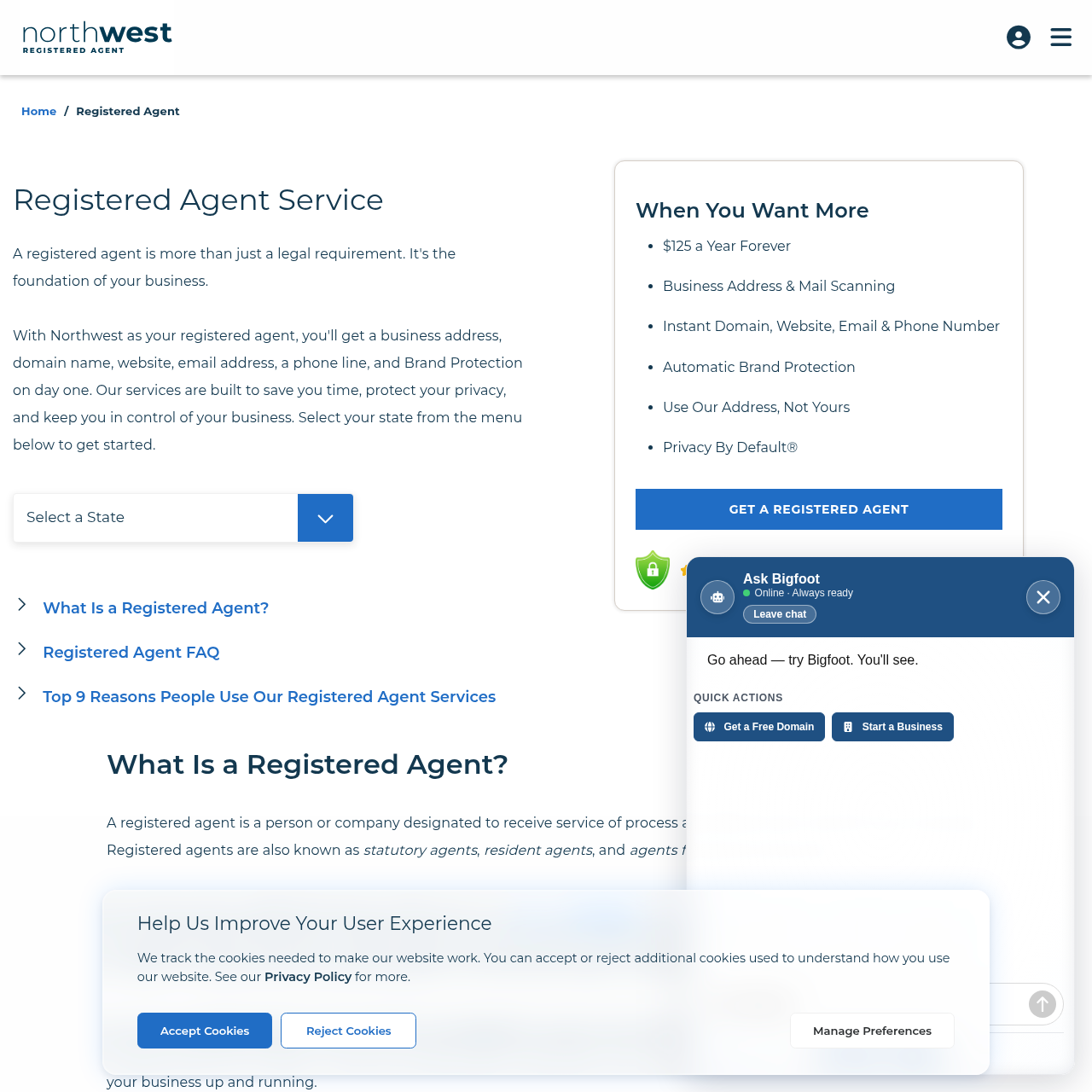 Northwest Registered Agent's registered-agent service page showing flat annual pricing and same-day document scanning for LLC owners