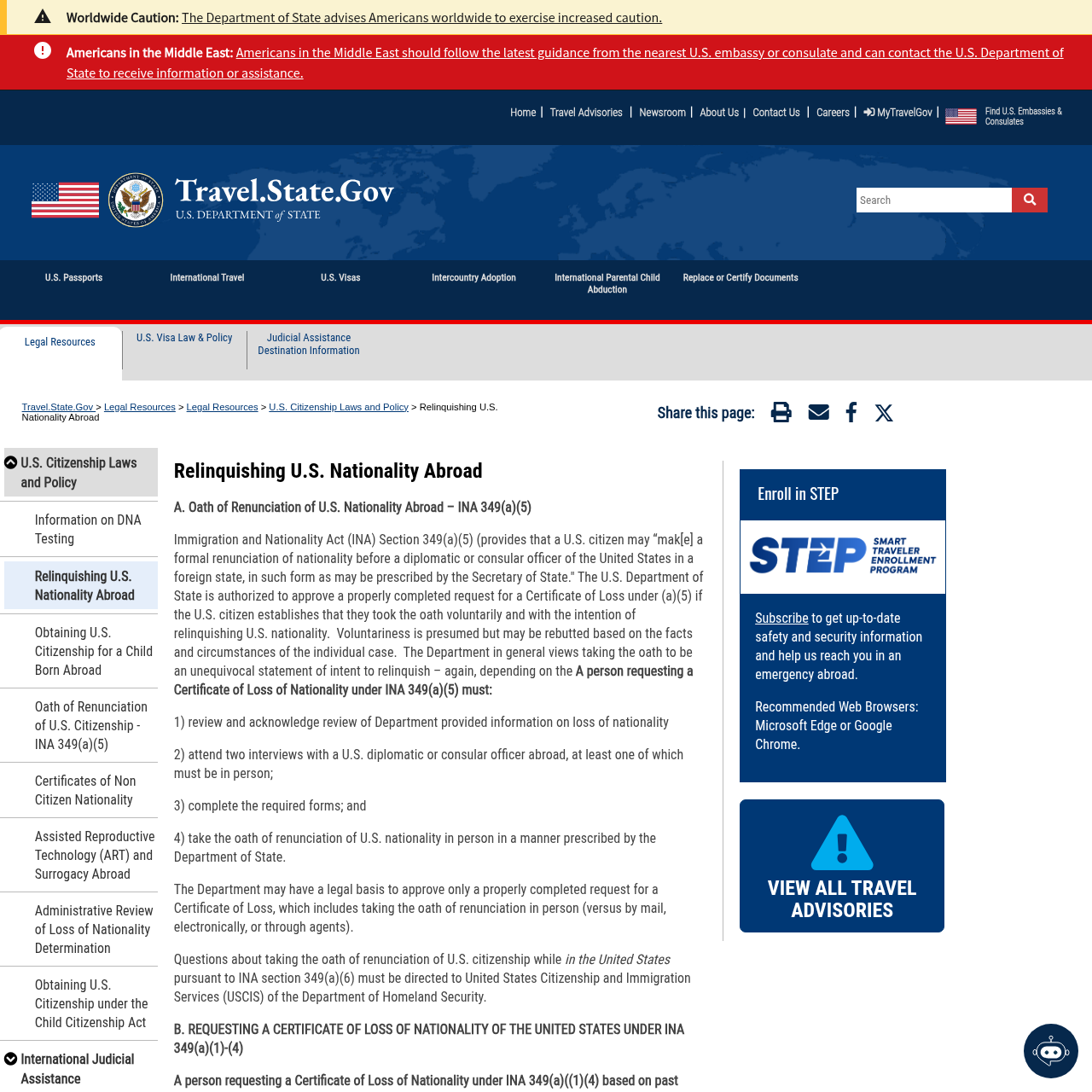 US State Department page on relinquishing US nationality abroad