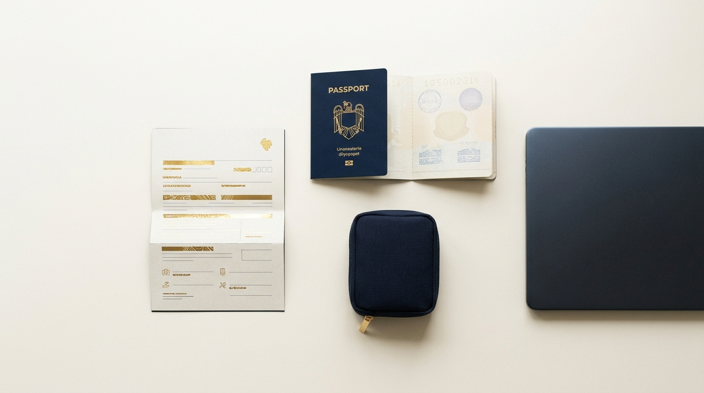 A passport, laptop and travel medical insurance policy on a desk — SafetyWing review